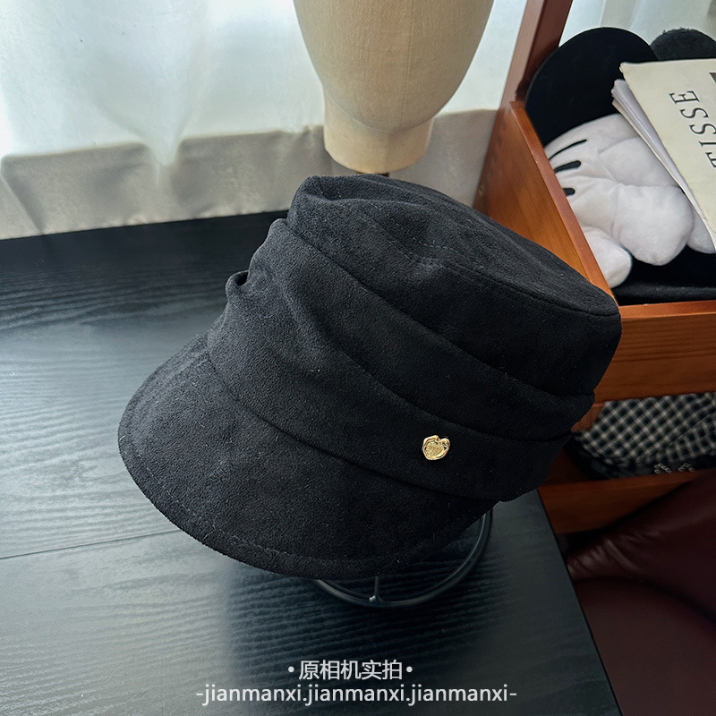 爱心金标标麂皮绒褶皱马术平顶帽女秋冬新款复古贝雷帽报童画家帽|undefined
