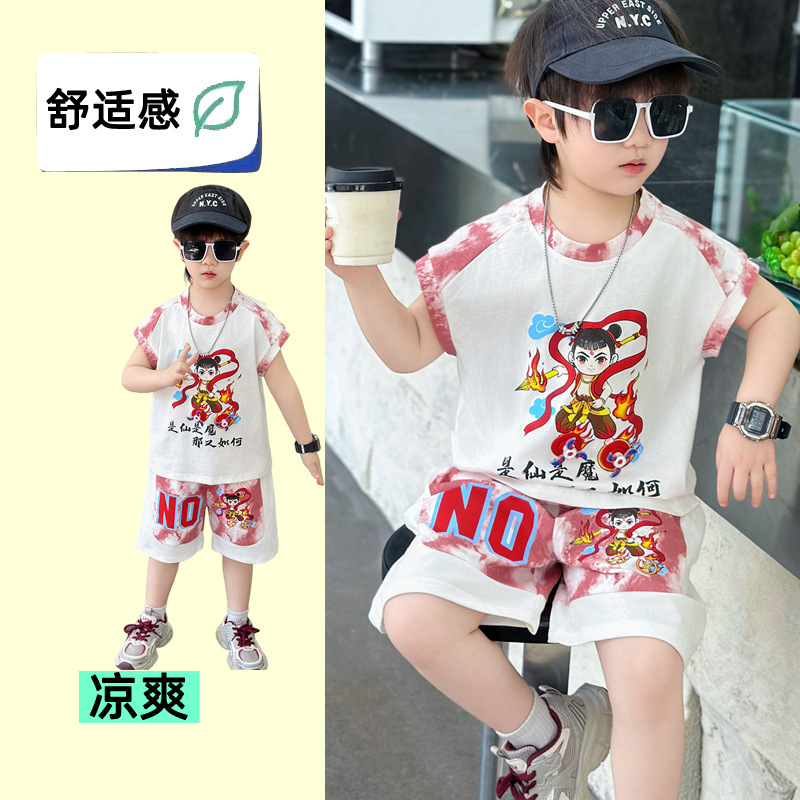 8102 Niño Nezha Traje de manga corta 2025 Nuevo verano para niños Red de celebridades de Internet Traje de dos piezas de moda Baby Fried Street Tide