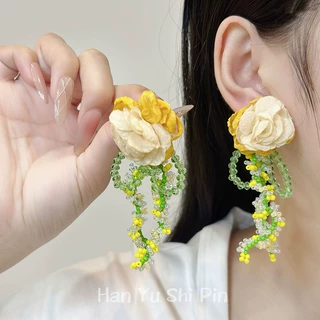 森系小清新度假风黄色花朵耳钉女彩色串珠流苏耳环高级感夸张耳饰