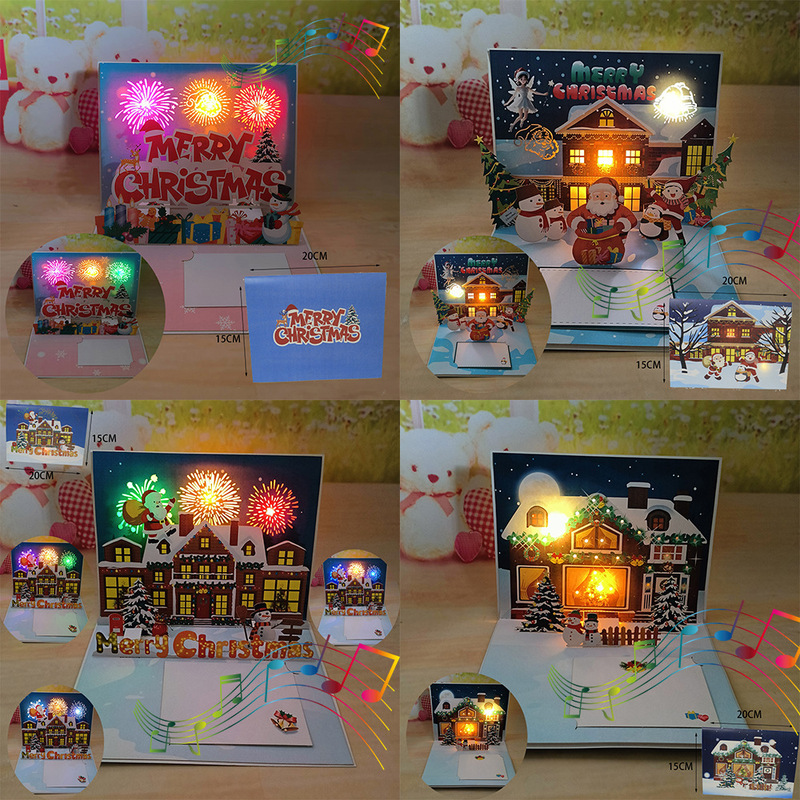 越境欧米アマゾン新年祝祭クリスマス3D立体グリーティングカード磁気制御ライト付き音楽再生ギフト|undefined