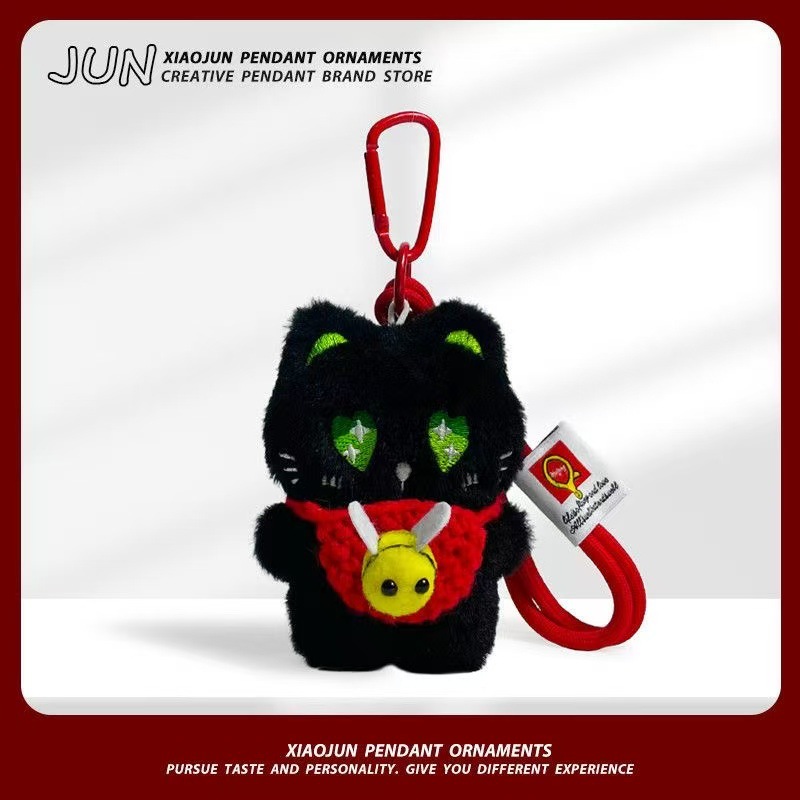 Super lindo gato negro lindo muñeca de peluche tejido bolso de mano pequeña abeja bolso de cuerda de mano colgante llavero colgante