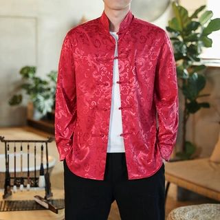 男士春夏新款中国风复古盘扣衬衫暗纹绸缎提花大码潮流休闲衬衣男