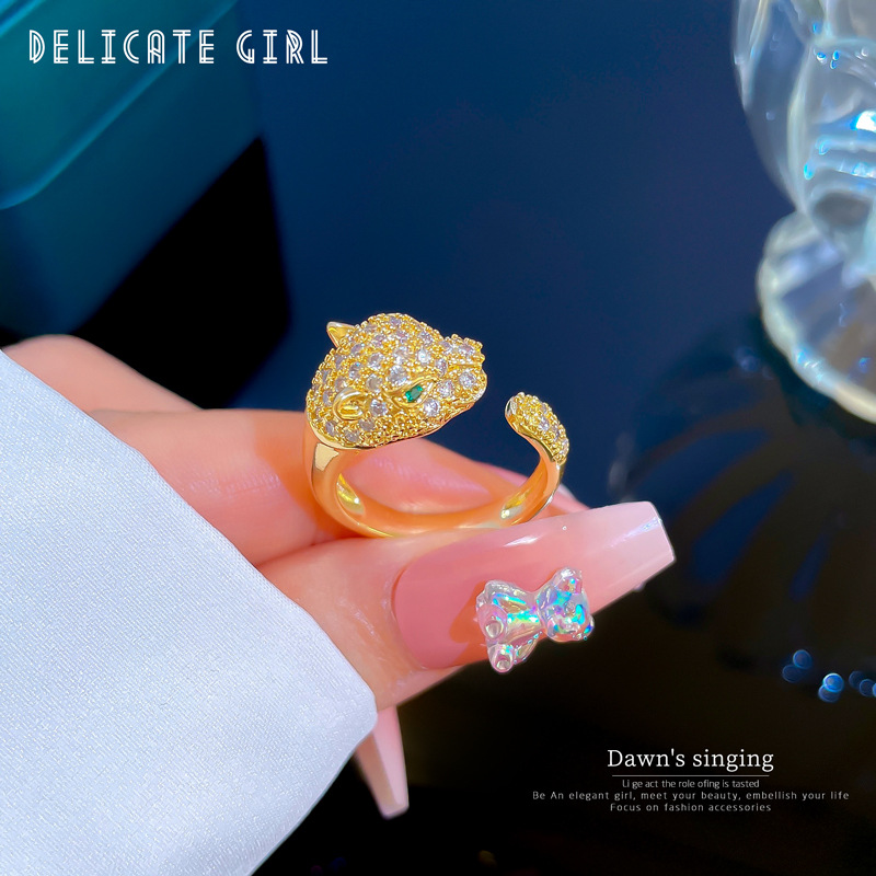 【Oro vero】 Testa di leopardo dell'industria pesante con diamante pieno R con coppia R con decorazione a mano semplice aperta regolabile_voghion.com