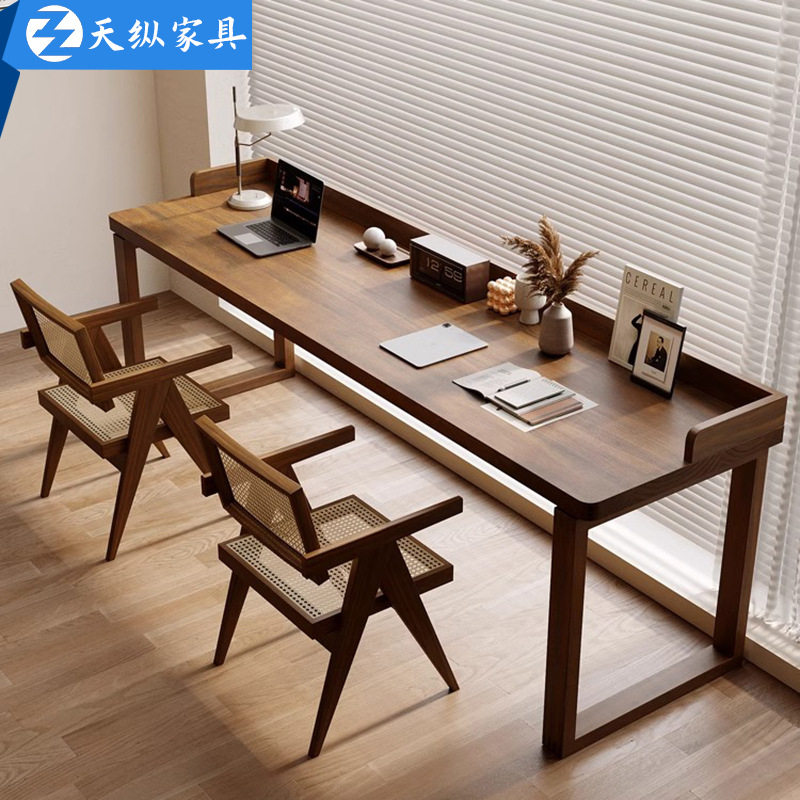 American Style Bookcase with Solid Wood Gaming Desk Computer Desk Home Study Desk Writing Desk Bedroom Wall-Length Long Desk