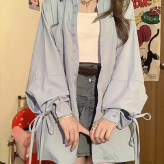 女性用ブルー長袖シャツ、2025年初秋の薄手カーディガン、女性用デザイン日焼け止めジャケット