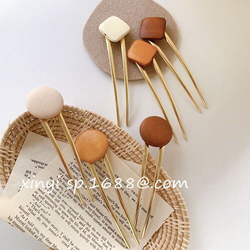 Wooden geometric round hairpin for women, simple temperament, alloy plate hairpin, ball head hairpin, hair extensions, hair accessories wholesale