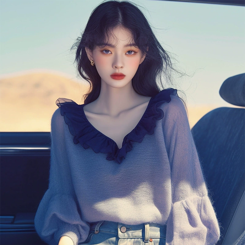 2024 Ранняя осень новый свитер нишевый дизайн чувство высокого уровня ленивый ветер фиолетовый с V-образным вырезом трикотажный топ