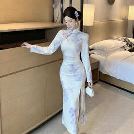 6533欧美跨境外贸女装新中式国风收腰显瘦盘扣立领开叉旗袍连衣裙
