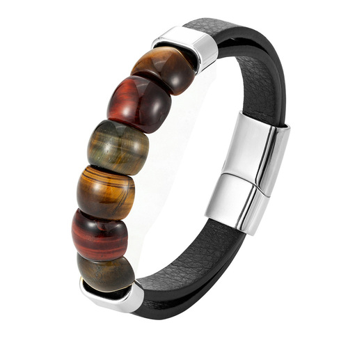 Cross-border fashion men's stainless steel multi-layer leather bracelet tiger's eye stone bead bracelet direct from the workshop wholesale