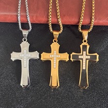 外贸热卖钛钢项链不锈钢男士多层十字架镶钻锆石吊坠欧美流行饰品
