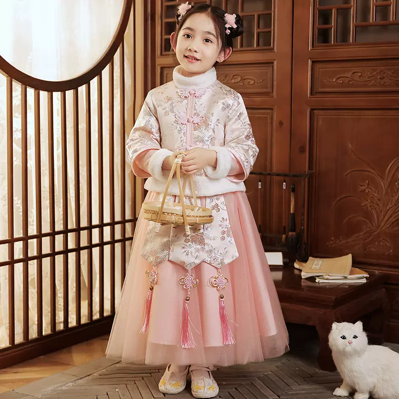 儿童汉服古装夏季加厚女童拜年服中国风新年服唐装喜庆女孩过年服