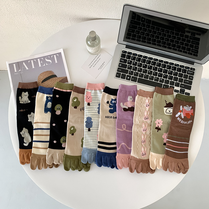 Frauen Herbst Und Winter Reine Baumwolle Fünf Finger Socken Gedruckt Split Toe Socken Vintage Bequeme Socken – Detail 1