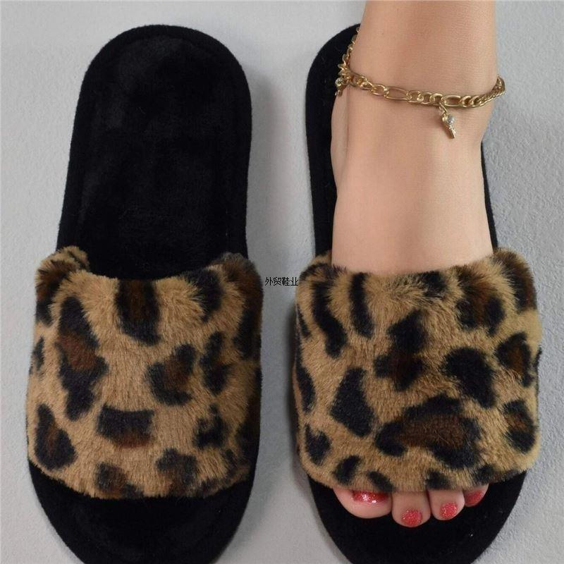 Trollo de moda al por mayor piel peluda apertura leopardo fabricante zapatillas cálidas otoño e invierno zapatillas de una palabra felpa interior