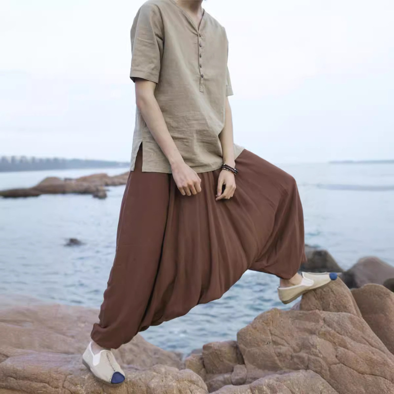Men's Thin Big Crotch Pants with Drawstring Travel Pants Casual Pants Thin Big Crotch Pants with Indian Style