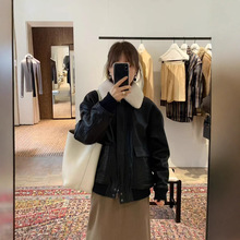 现货 韩系可拆卸毛领翻领皮衣2025秋冬季女单排扣宽松外套oun*e