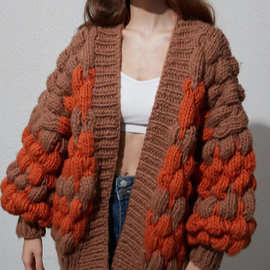 现货 跨境新款欧美外贸纯手工棒针针织撞色条纹毛衣外套女sweater
