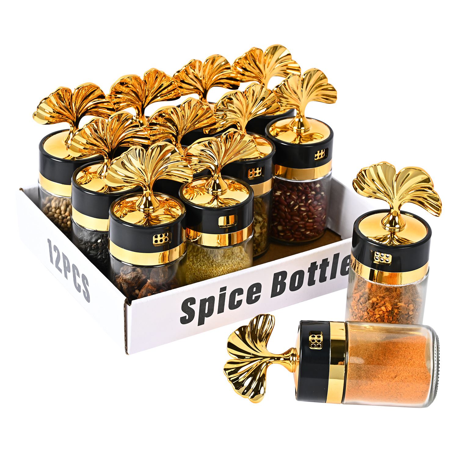 Nueva cocina sellada ginkgo hoja condimento botella hogar frasco de sal vidrio condimento botella condimento caja MSG condimento botella