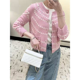 2025早春重工款粉色珍珠链条羊绒开衫圆领长袖口袋外套女图片色