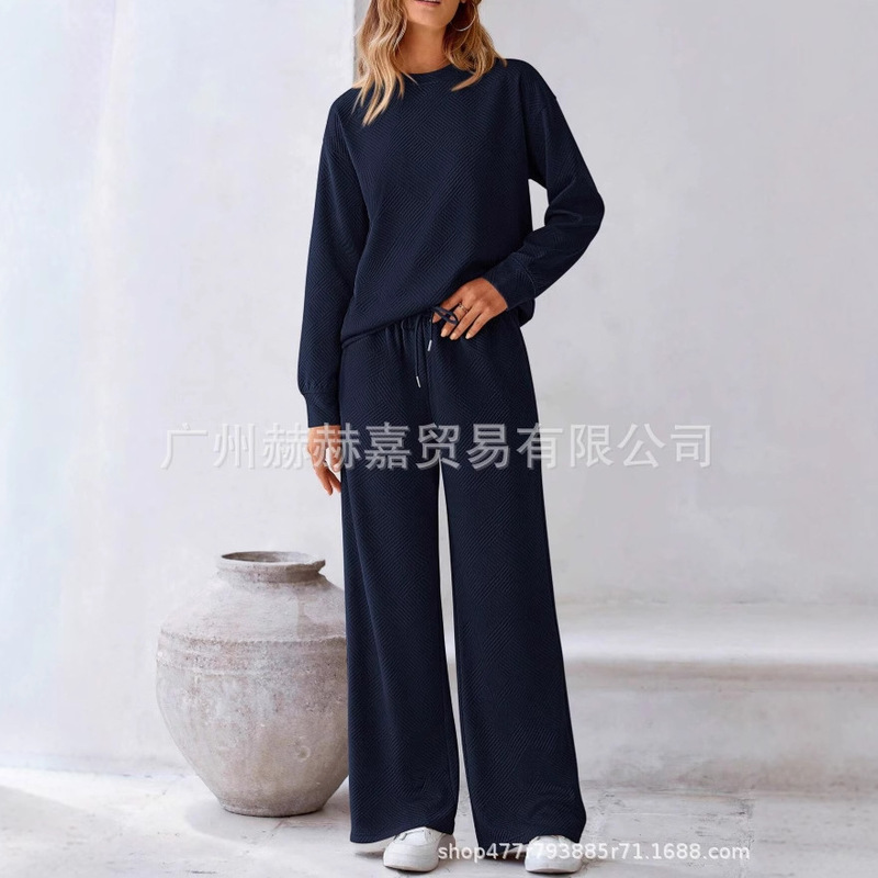 现货2025欧美宽松简约纯色休闲套装女秋冬季新款纹理抽绳运动装女|undefined