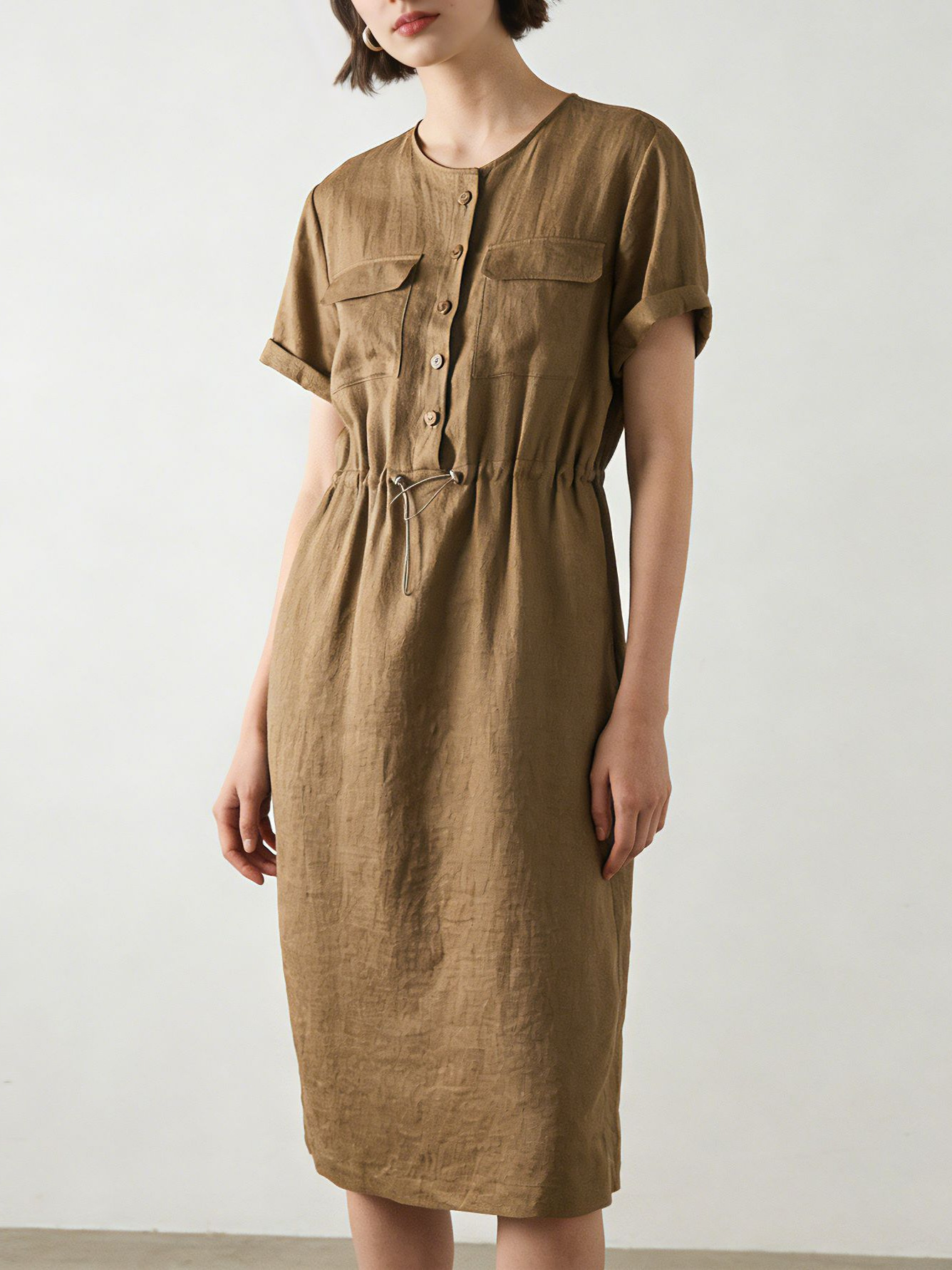 Đầm maxi nữ linen dáng rộng eo rút dây, thiết kế cắt may 3D — màu ô liu xanh