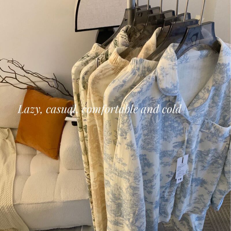 Spring and Autumn Monet Garden 2 French nude skin feeling pajamas women's long-sleeved trousers lapel home wear suit popular version