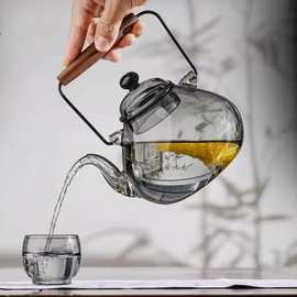 高硼硅玻璃提梁壶黑胡桃木把煮茶壶大容量玻璃壶围炉煮茶过滤茶壶