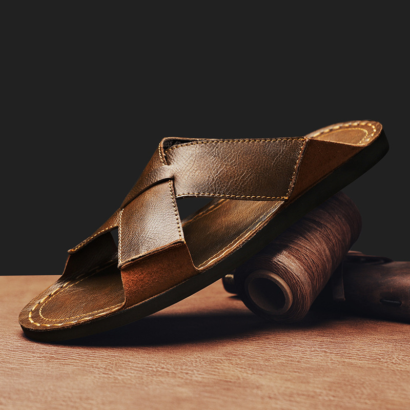 Summer New Amazon Live Hot Selling plus size Men's Outdoor Genuine Leather Men's Breathable Slip-on Beach Slippers