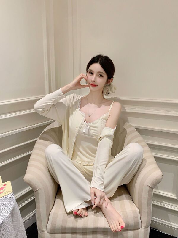 秋季新款睡衣女莫代尔三件套高级感长袖长裤简约居家服小香风带胸|undefined
