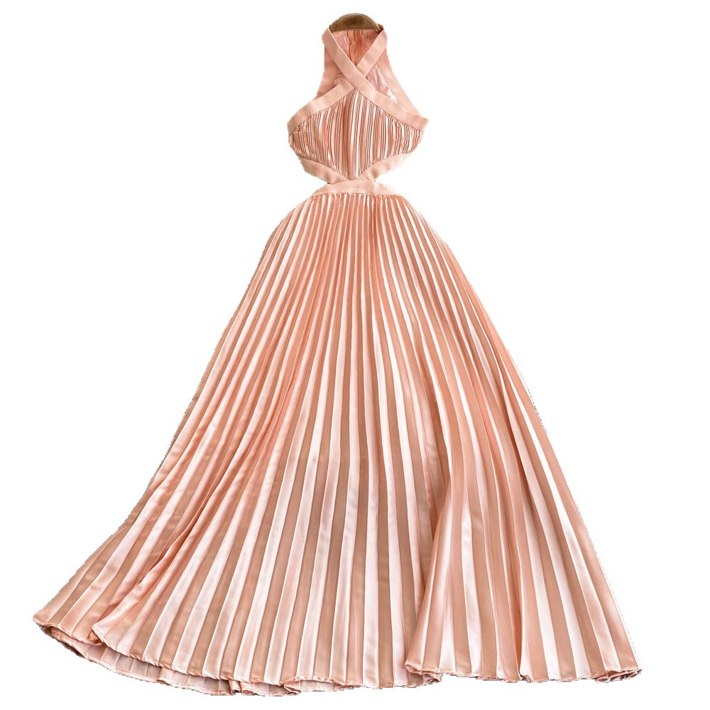 Women's Clothing Sexy Backless Hollow Halter Neck Long Dress Beach Vacation Style Pleated Skirt For Casual Party Evening_ecoleips.com