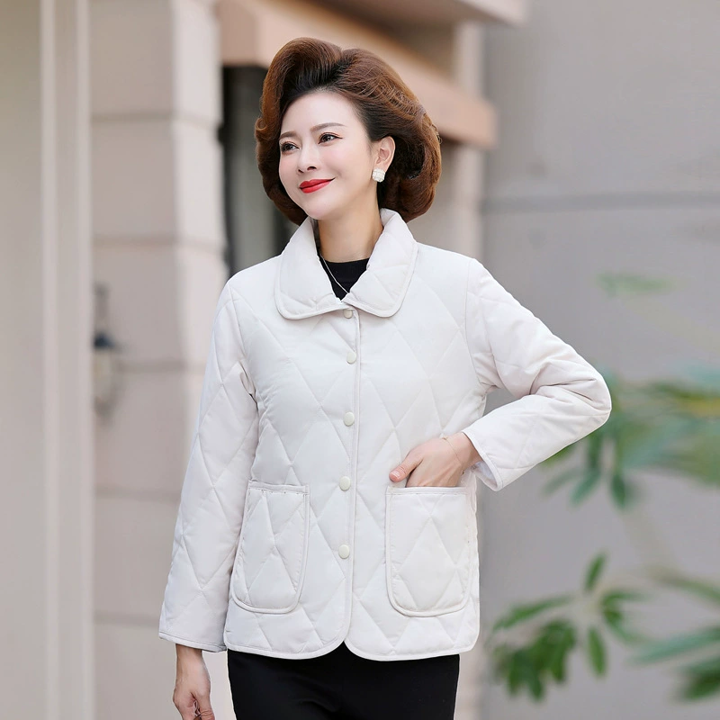 Demi-season down jacket for mother, winter short light and thin trench coat with down, for middle age, plus size