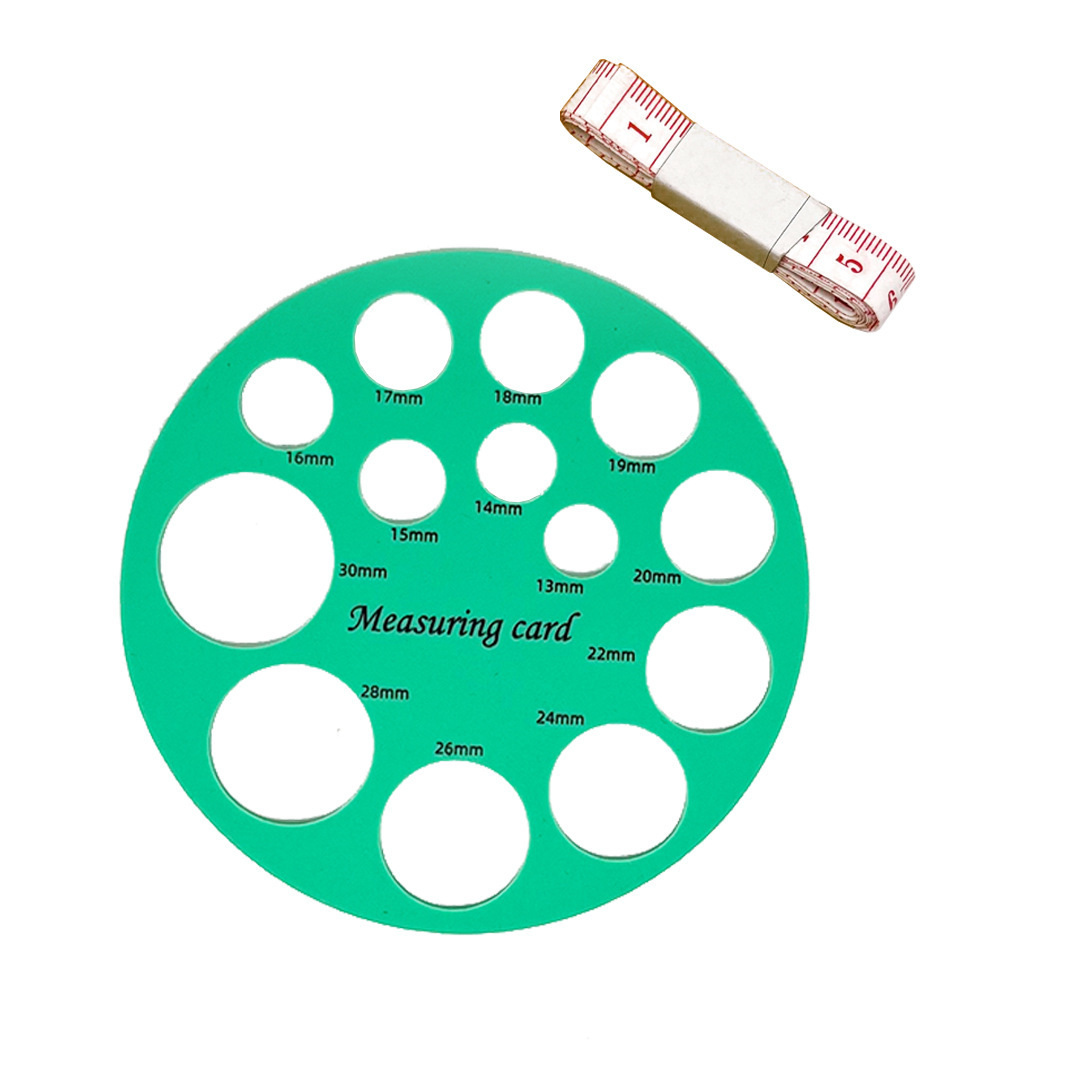 원형 녹색 양면 인쇄(전면 단위 mm, 뒷면 단위 in) + 프렌치 자 + 진주빛 가방 포장