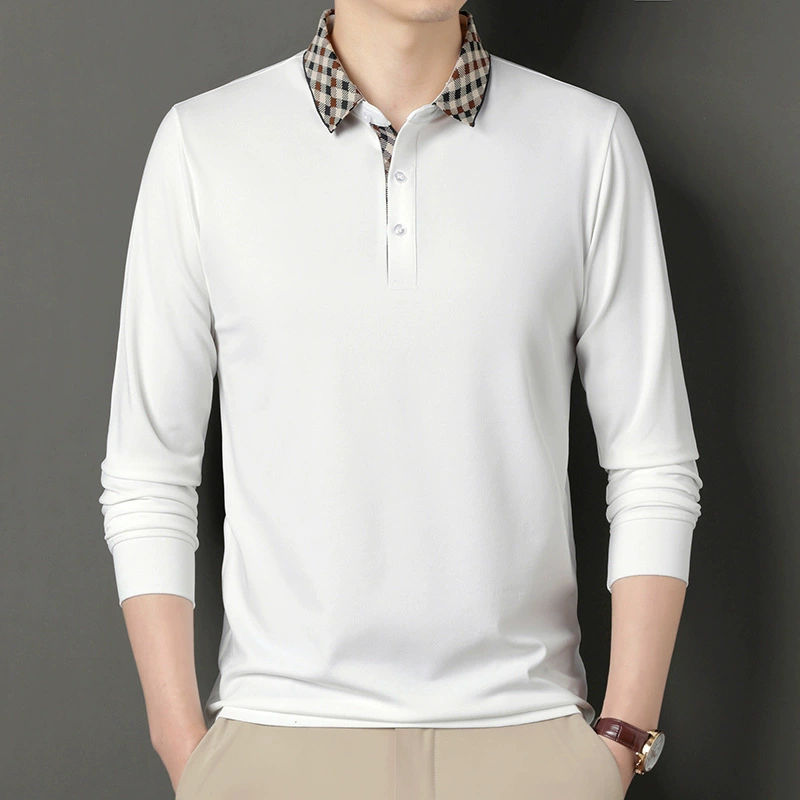 Трансграничная мужская рубашка-поло с лацканами и длинными рукавами, повседневный Универсальный однотонный пуловер, свободная весенне-осенняя футболка для мужчин