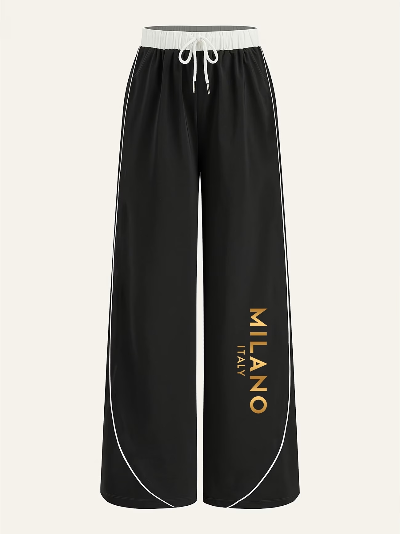 Gold Milan Print Loose-fitting Spring And Autumn Women's Casual Elastic Waist W'w Wide-leg Pants_ecoleips.com