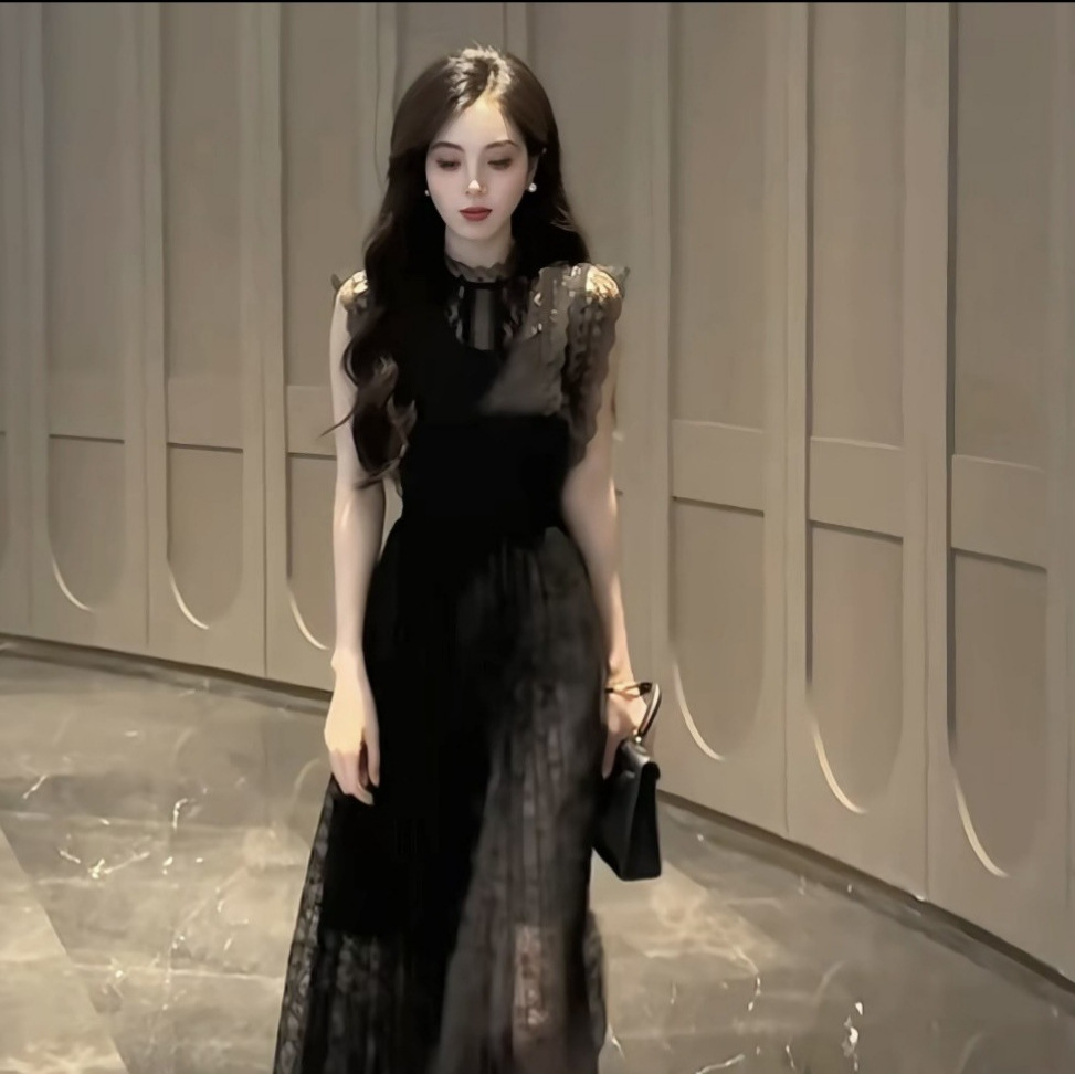 Đầm suông nữ midi thiết kế thanh lịch tay ngắn cổ tròn — đen chi tiết 4