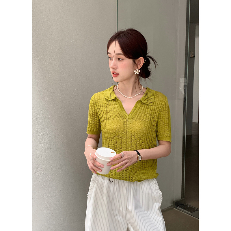 [No Returns or Exchanges] Slightly See-Through Small Lapel Textured Smart Short-Sleeved T-Shirt for Women's Work Clothing Ye0108