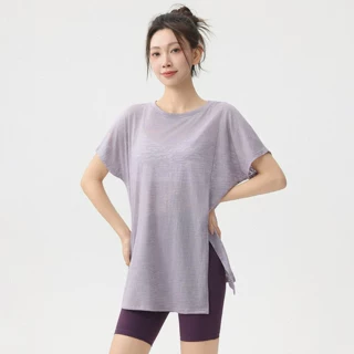 瑜伽服短袖罩衫女夏高弹宽松透气速干遮臀开叉健身运动普拉提上衣