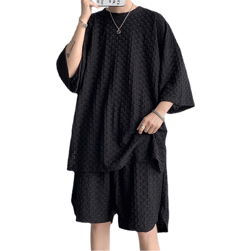 Casual traje deportivo de los hombres de verano de moda de estilo de Hong Kong ins suelta pantalones cortos de manga corta más tamaño cómodo traje de dos piezas de moda