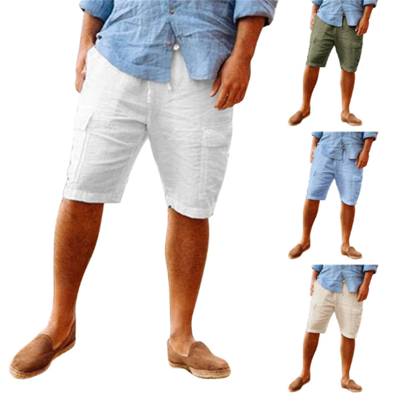 Men's Casual Tooling Loose Cotton Linen Summer Beach Multi-Pocket Shorts