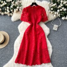 高级感镂空钩花蕾丝连衣裙女法式收腰显瘦气质短袖长裙子2025夏季