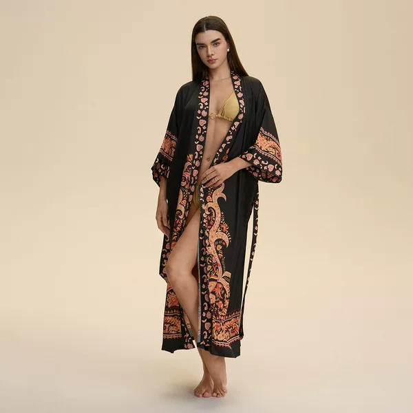 European and American Cross-Border Long-Sleeved Long Loose and Comfortable Kimono Nightgown Pajamas Women's Printed Home Clothes Wp3982