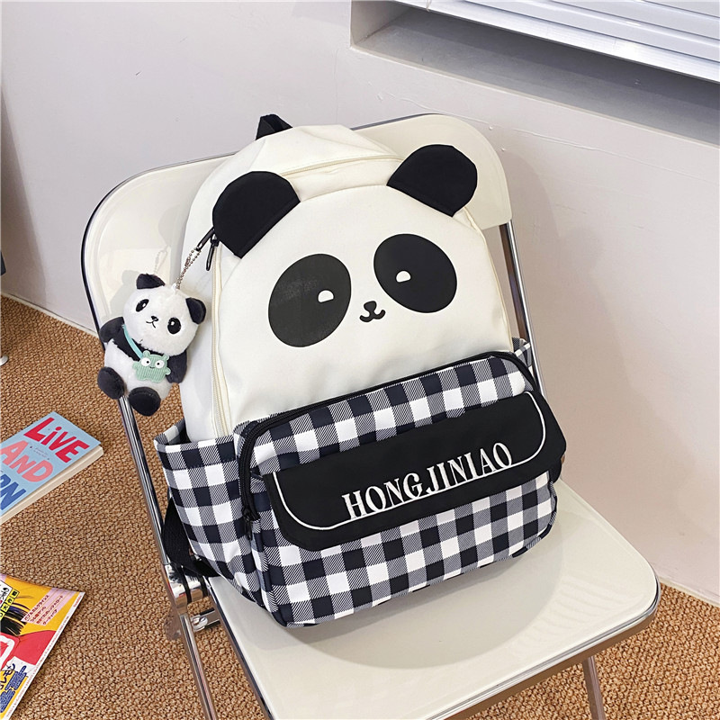Nuevo cuadrícula universal mochila de chicas ociosas lindas caricaturas pandas mochila de escolares para estudiantes de secundaria primaria y secundaria