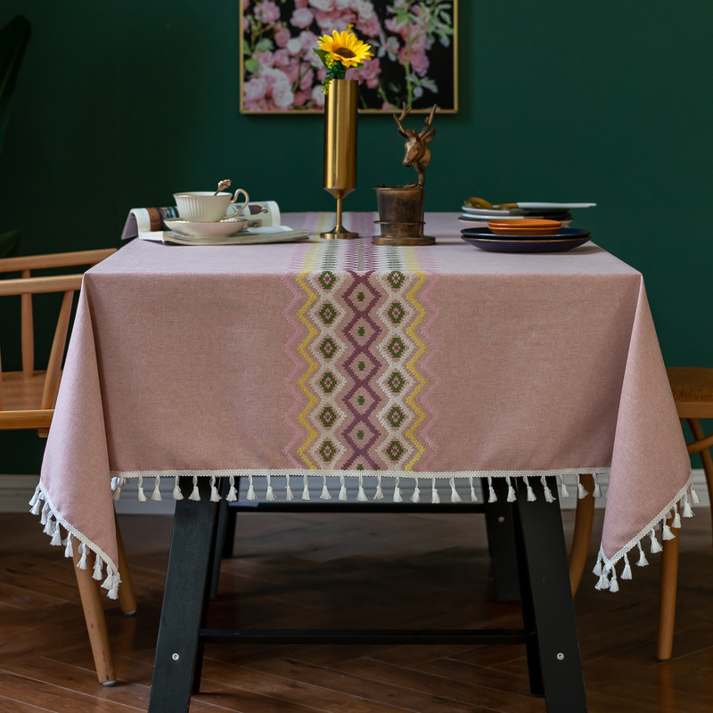 Sean Embroidered Floral Gray and Pink Tablecloth Hotel Decoration Cotton Linen Home Use Rectangular Heat-Resistant High-Temperature Factory
