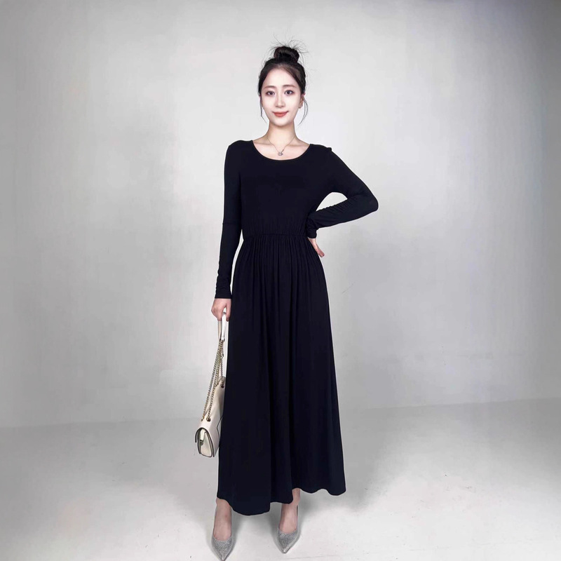 Modal Dress for Autumn, Solid Color, Simple and Stylish, Elegant Mid-Waist Ruched Gown with a High-End Feel for Commuting