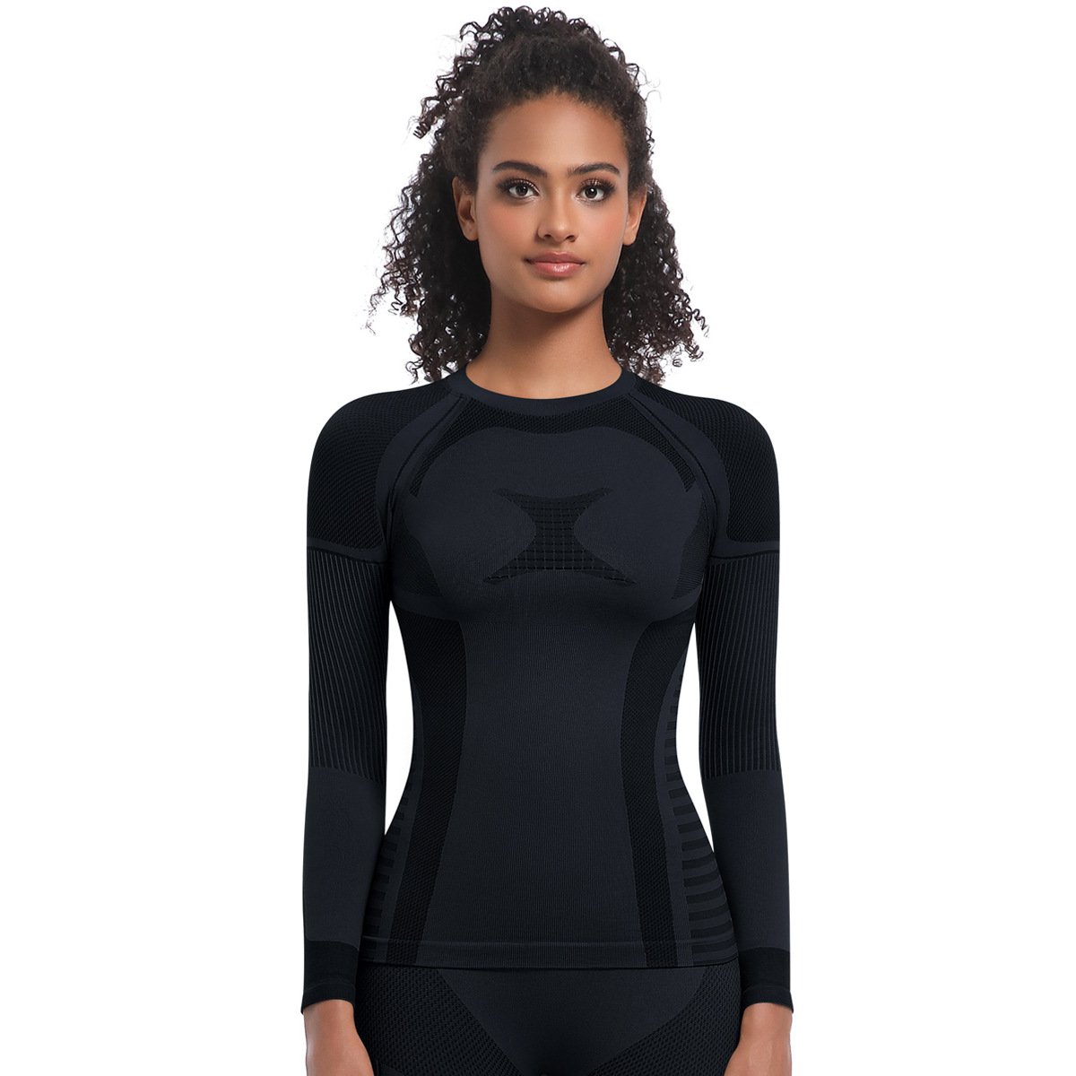 Neu Nahtlose Stricken Engen Hohe Elastische Ski Anzug Langarm Sport Laufen Fitness Yoga Top_voghion.com