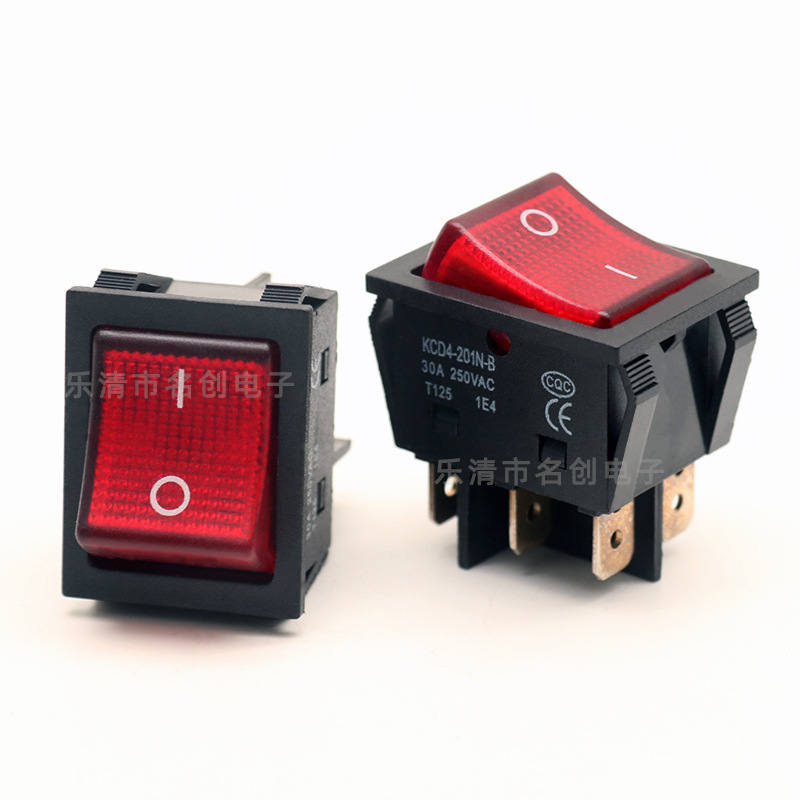船型开关KCD4 六脚两档翘板开关 红绿色带灯 30A大电流