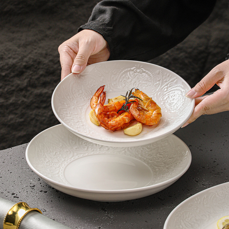 Ceramic Chinese-Style Tableware Embossed Plate Set White Dish Plate Round Plate Afternoon Tea Plate Cross-Border Product Dropshipping Ceramic Chinese-Style Tableware Embossed Plate Set White Dish Plate Round Plate Afternoon Tea Plate Cross-Border Product Dropshipping