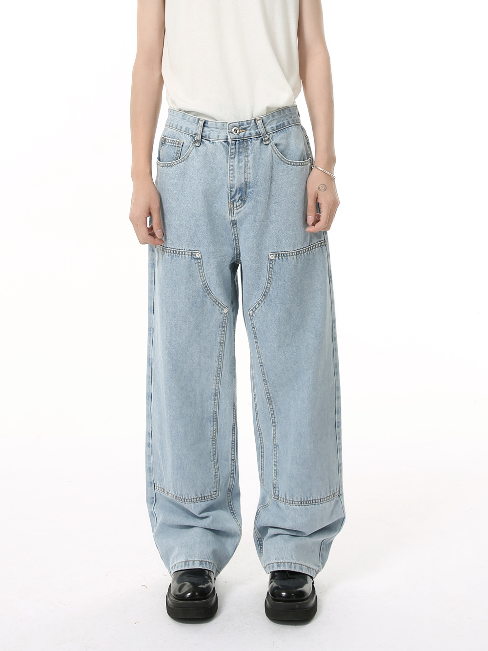 MTLCLOTHES Ropa de hombre | Versión coreana de cuatro estaciones de deconstrucción de línea abierta azul claro Pantalones vaqueros sueltos lavados rectos de moda