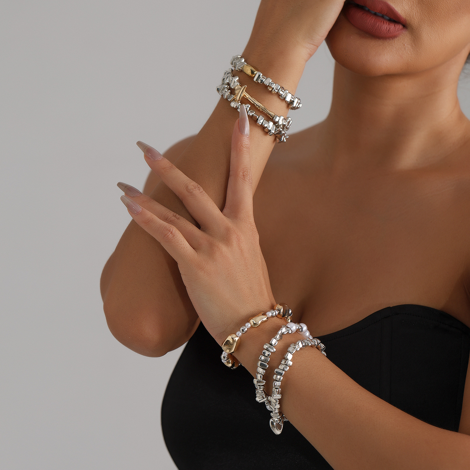 European and American Cross-Border Jewelry Fashion Niche Heart Ccb Imitation Pearl Beaded Bracelet Women's Ins Splicing Style Hand Jewelry Set