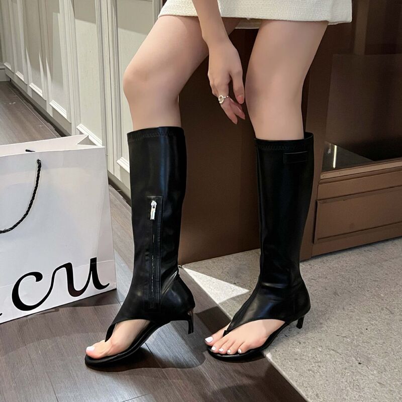 2023 autumn and winter European and American hot girls sweet cool wind clip toe but knee thin heel high boots show mid-barrel open toe sandals