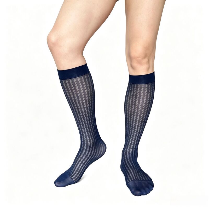 M06 Diamond-patterned vertical stripe men's mid-calf business formal ultra-thin Japanese-style nylon dress shoes with silk stockings